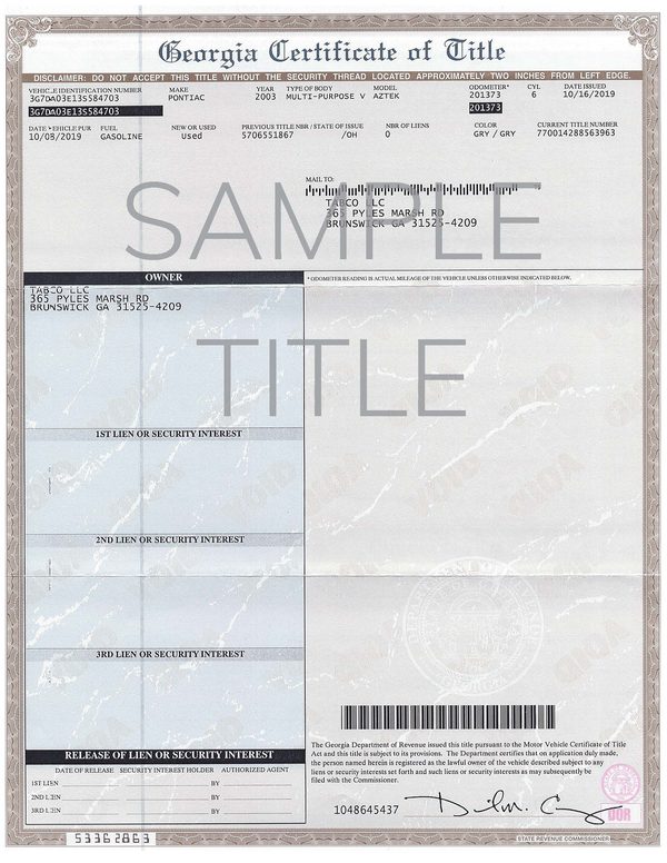 Sample Georgia certificate of title