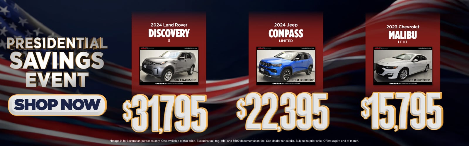 (1) Image is for illustration purposes only. One available at this price. Excludes tax, tag, title, and $699 documentation fee. See dealer for details. Subject to prior sale. Offers expire end of month.