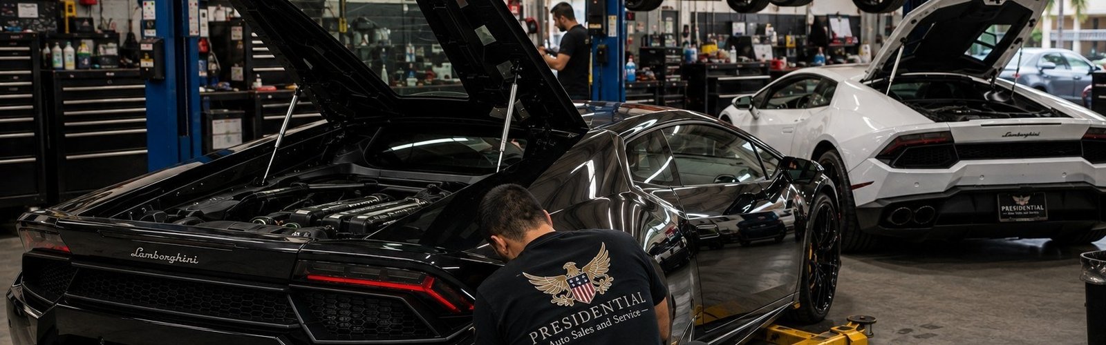 Lamborghini service technician working on a Lamborghini at Presidential Auto Sales in Delray Beach, Florida
