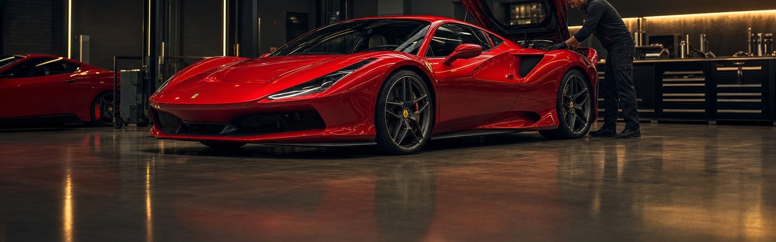 Ferrari being serviced by a technician at Presidential Auto Sales near Boca Raton, Florida