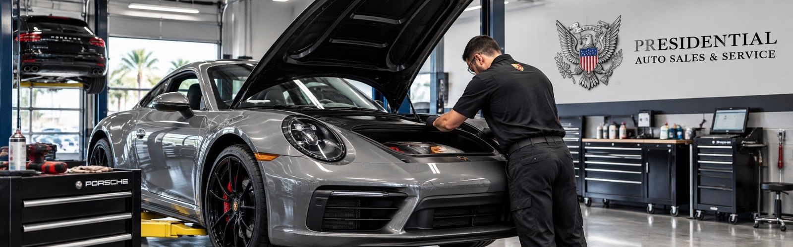 Porsche vehicle being serviced at Presidential Auto Sales & Service in Delray Beach, FL, near Boca Raton
