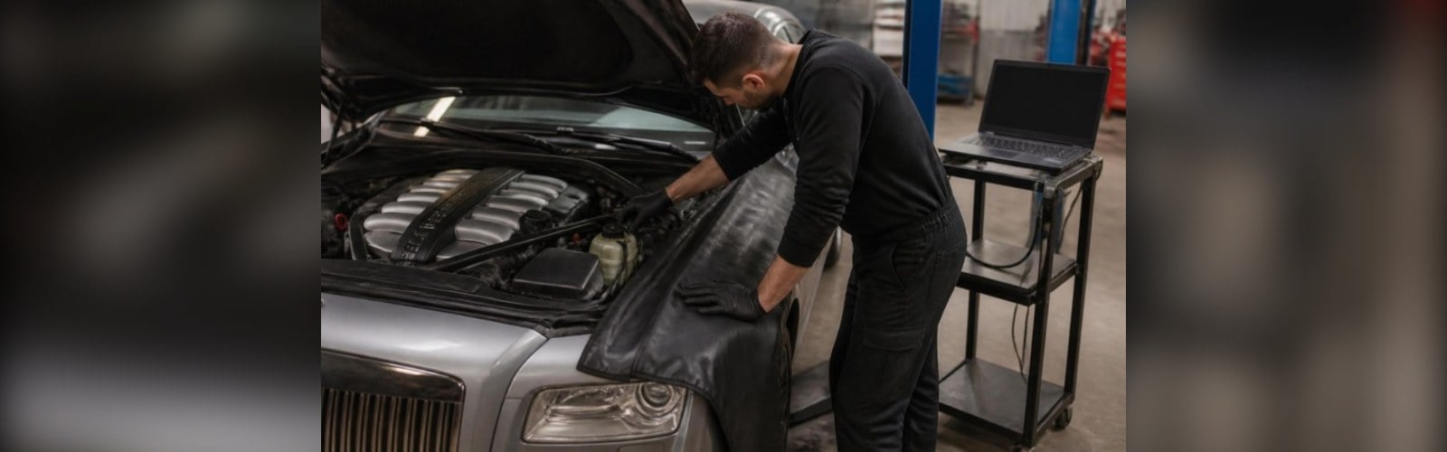 Technician checking the engine bay of a silver Rolls-Royce Ghost with protective fender covers in place