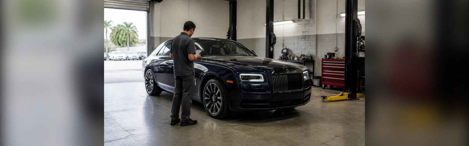 Technician with a tablet beginning a check-in inspection on a dark blue Rolls-Royce Ghost in a service bay