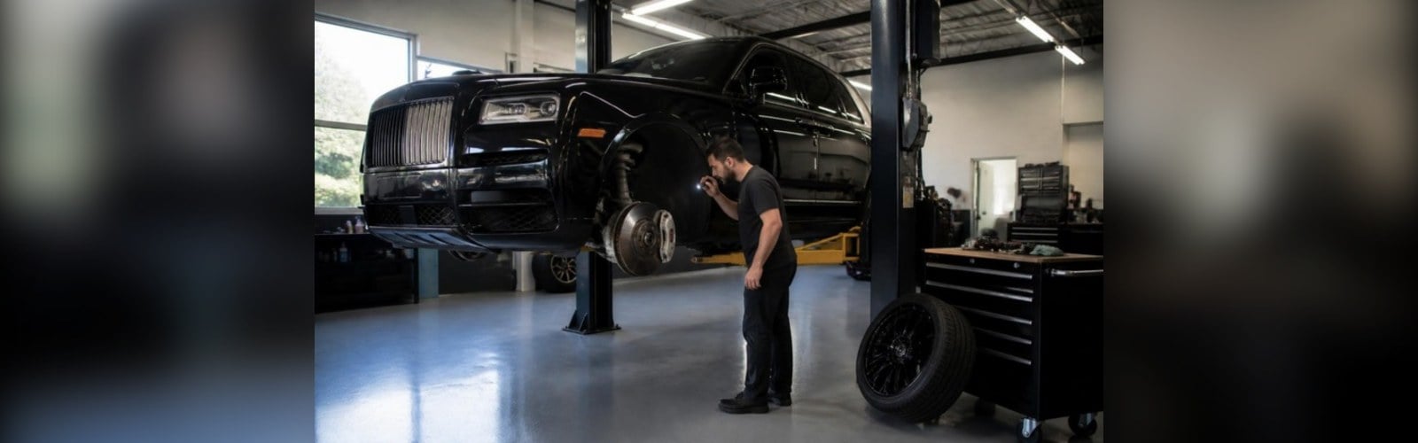 Rolls-Royce Cullinan raised on a two-post lift with the front wheel removed while a technician inspects the brake and suspension