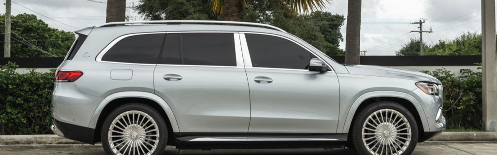Silver Mercedes-Maybach GLS 600 side profile near Boca Raton and Delray Beach, Florida